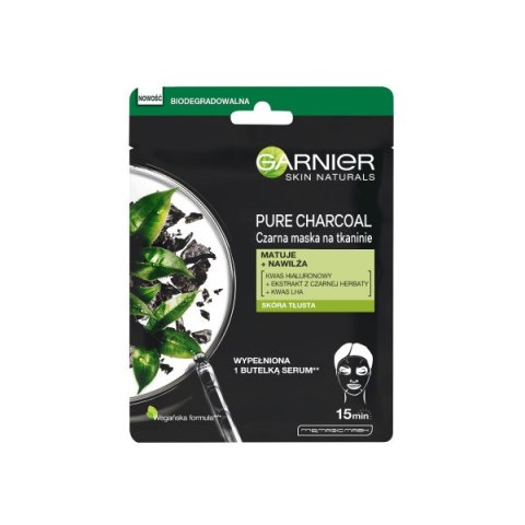 Garnier Pure Charcoal Black Tissue Mask matująco-oczyszczająca maska na tkaninie z ekstraktem z czarnej herbaty 28g (P1)