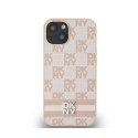 DKNY Leather Checkered Mono Pattern & Printed Stripes - Etui iPhone 14 / 15 / 13 (różowy)