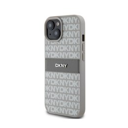 DKNY Leather Mono Stripe & Metal Logo - Etui iPhone 15 Plus / 14 Plus (beżowy)