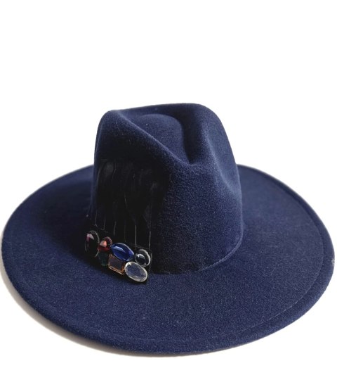 Elegancki damski kapelusz fedora z ozdobną broszką z kolorowymi cyrkoniami (Niebieski)