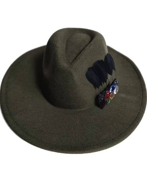 Elegancki damski kapelusz fedora z ozdobną broszką z kolorowymi cyrkoniami (Zielony)