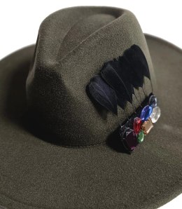 Elegancki damski kapelusz fedora z ozdobną broszką z kolorowymi cyrkoniami (Zielony)